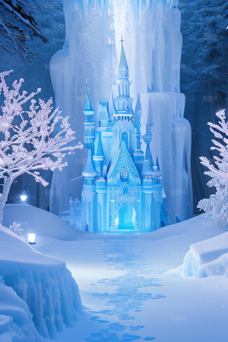 冬日奇境冰雪城堡与冰玫瑰