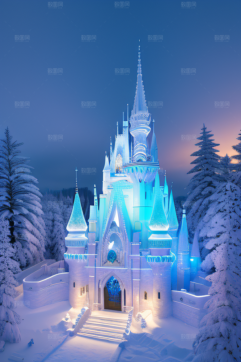冬日奇境冰雪城堡与冰玫瑰