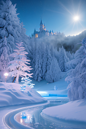 冰雪城堡与冰玫瑰的幻幽之美