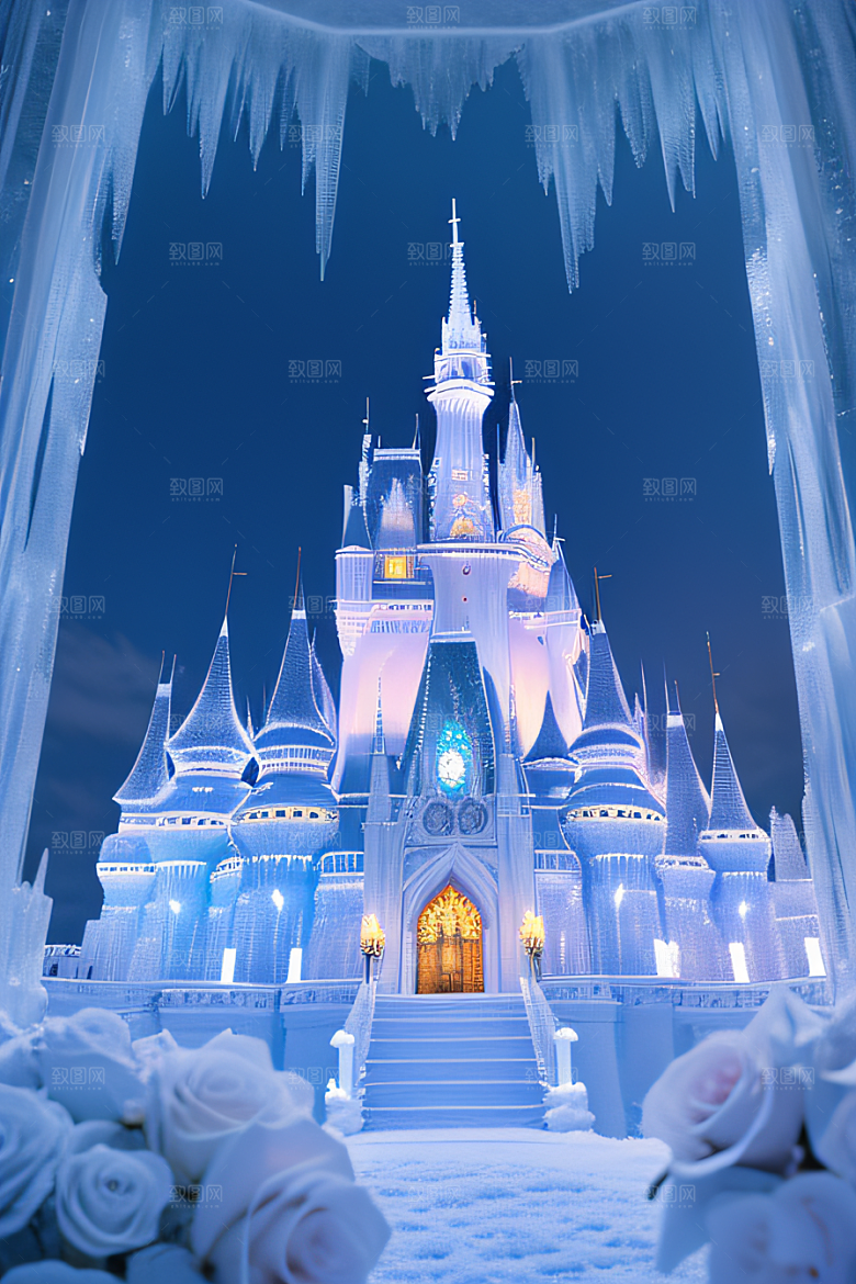 冰雪幻境之旅冰雪城堡与冰玫瑰的幻幽之美