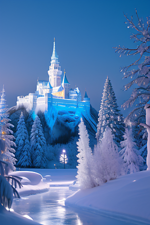 冰雪童话之旅冰雪城堡与冰玫瑰的仙境景色