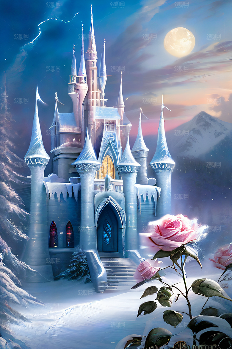 冰雪仙境冰雪城堡与冰玫瑰的幻景