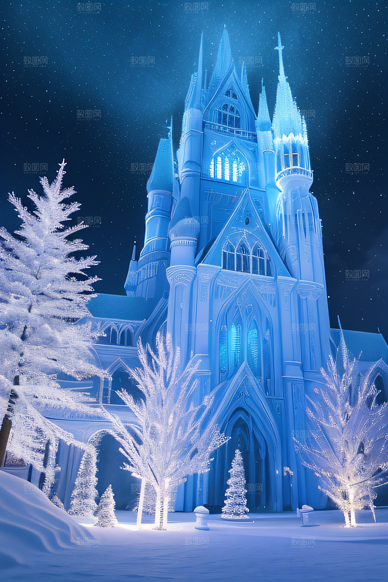冬日奇境冰雪城堡与冰玫瑰