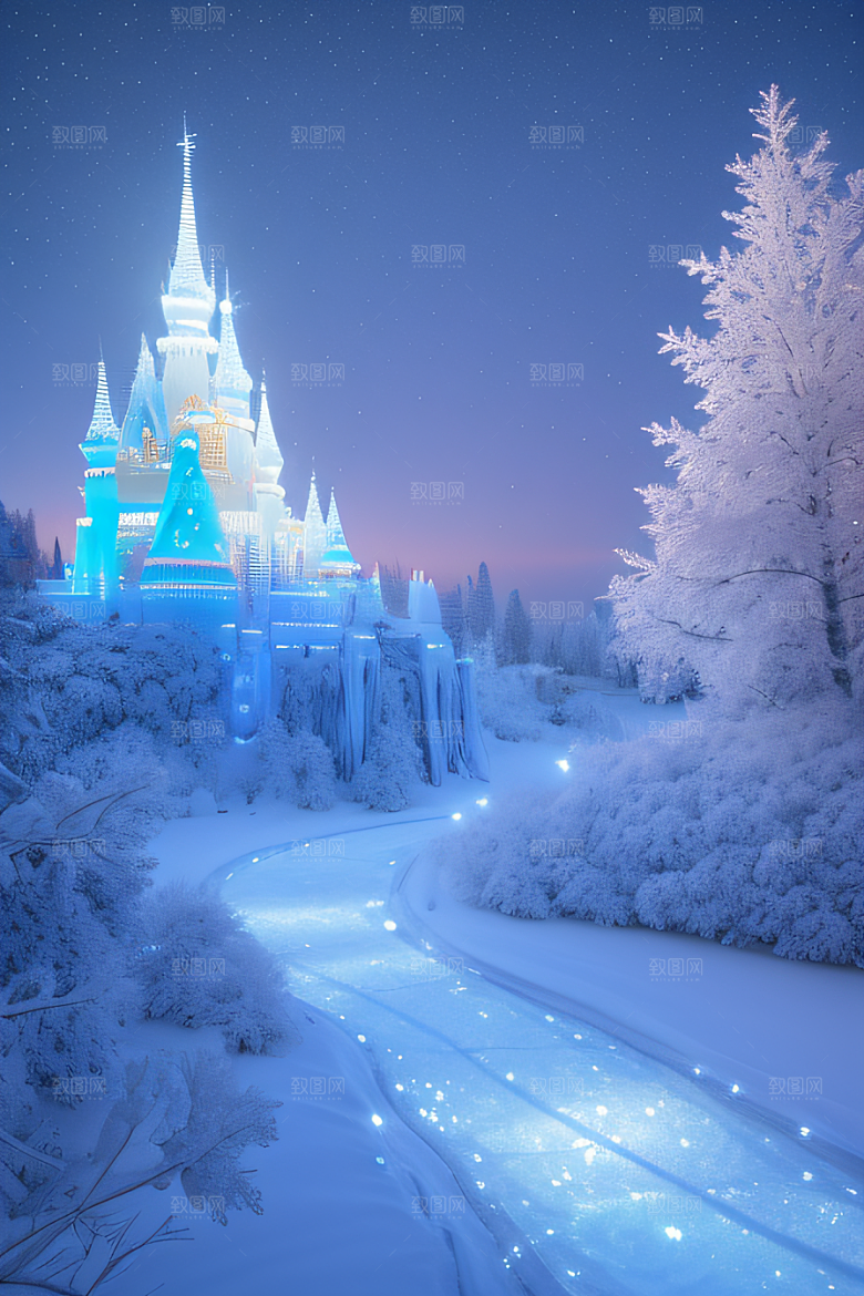 冬日奇境冰雪城堡与冰玫瑰