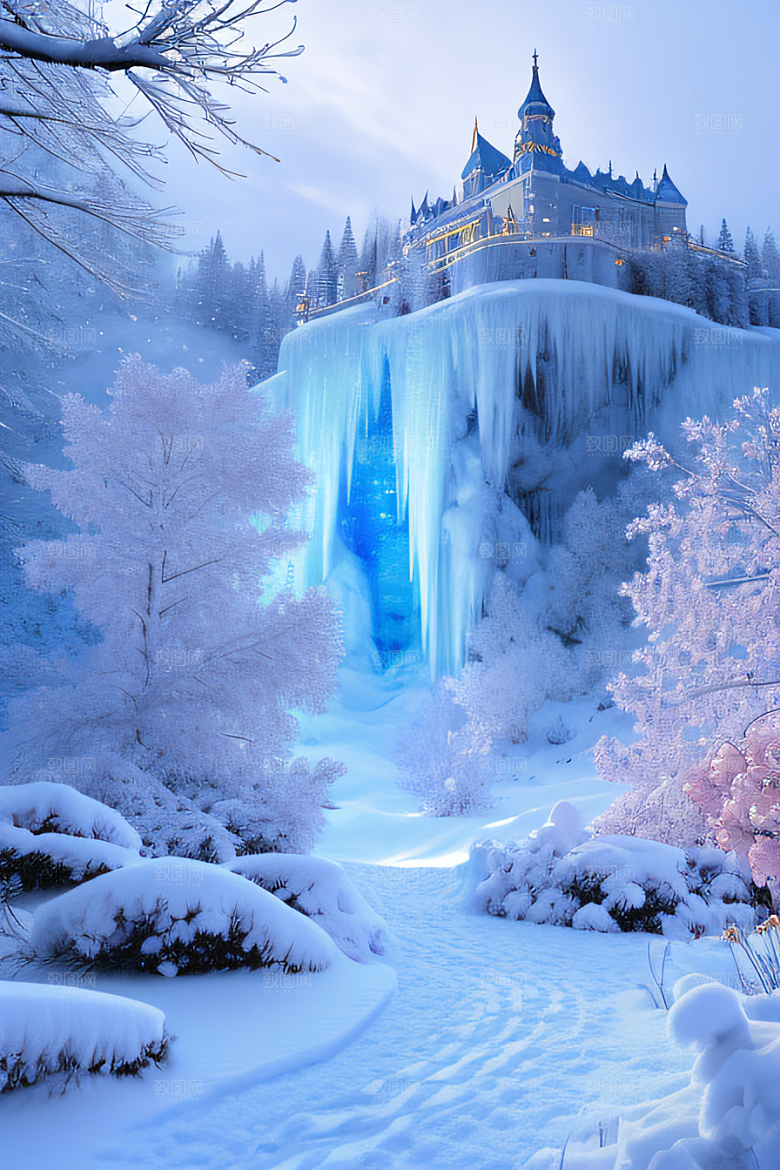 冬日奇境冰雪城堡与冰玫瑰