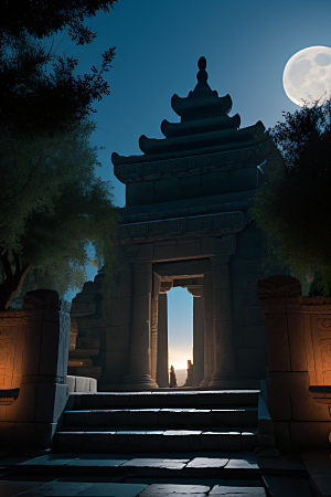 古老文明月夜下的神秘亚特兰蒂斯遗迹