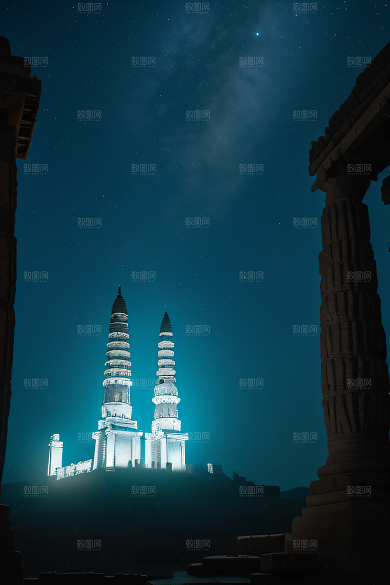 古老文明月夜下的神秘亚特兰蒂斯遗迹