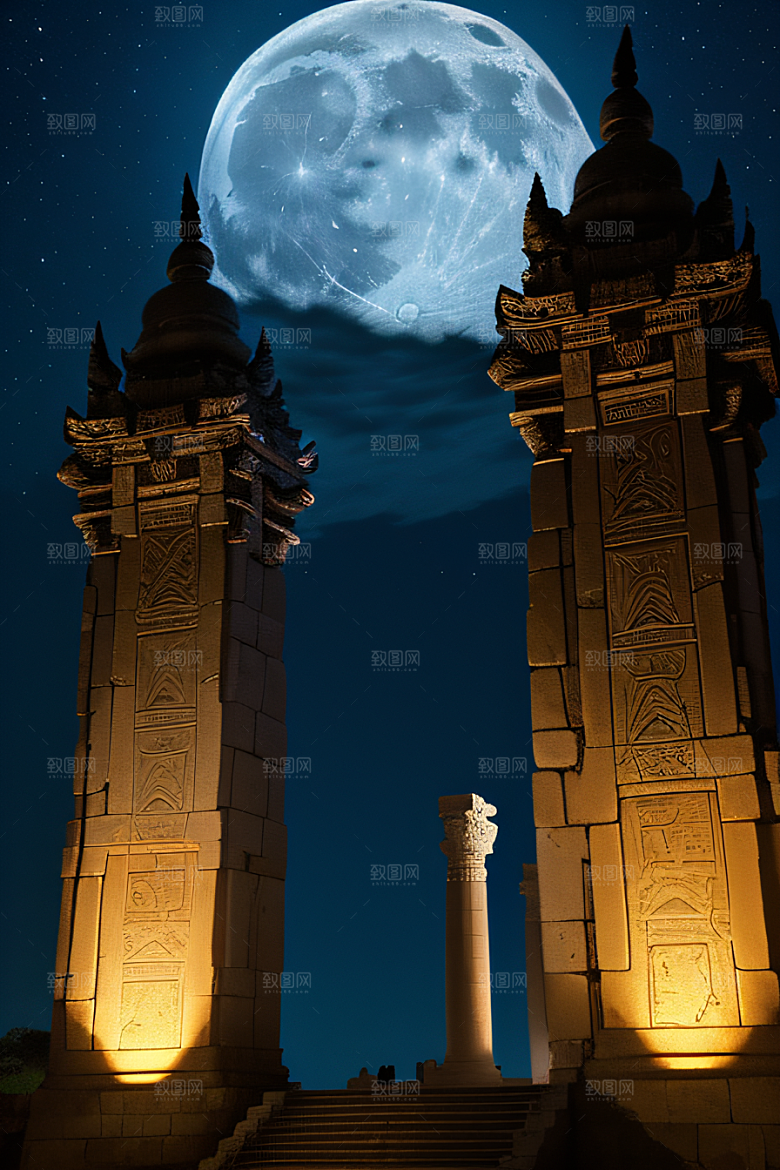 古老文明月夜下的神秘亚特兰蒂斯遗迹