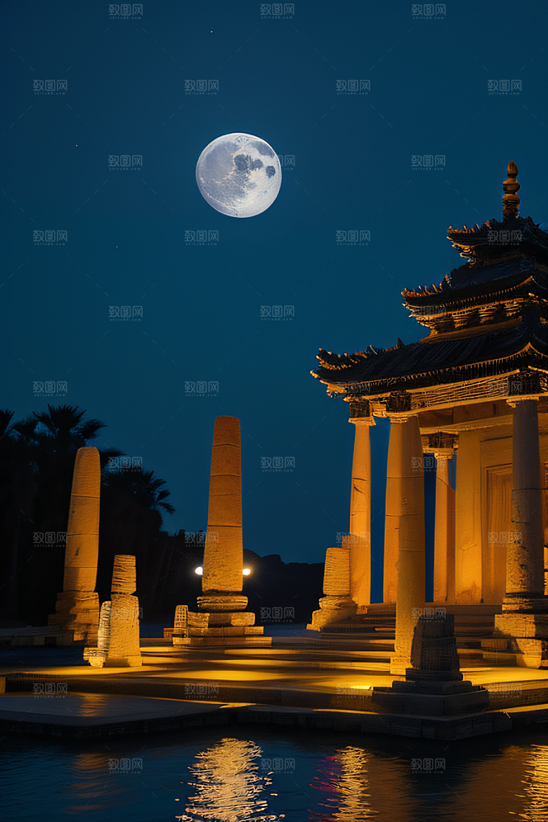 古老文明月夜下的神秘亚特兰蒂斯遗迹