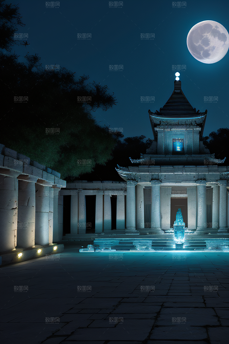 古老文明月夜下的神秘亚特兰蒂斯遗迹