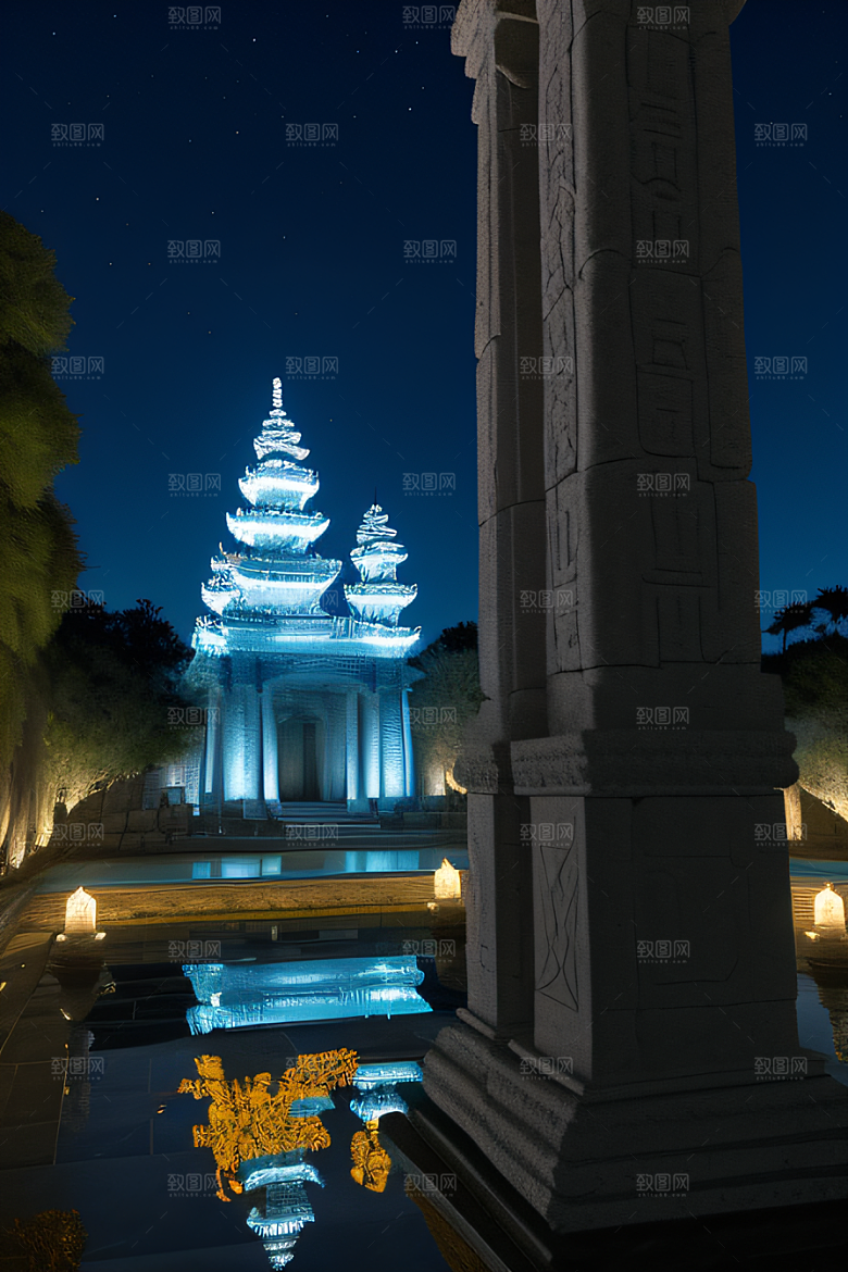 古老神庙月夜下的神秘亚特兰蒂斯遗址