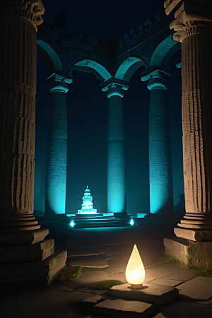 古老神庙月夜下的神秘亚特兰蒂斯遗址