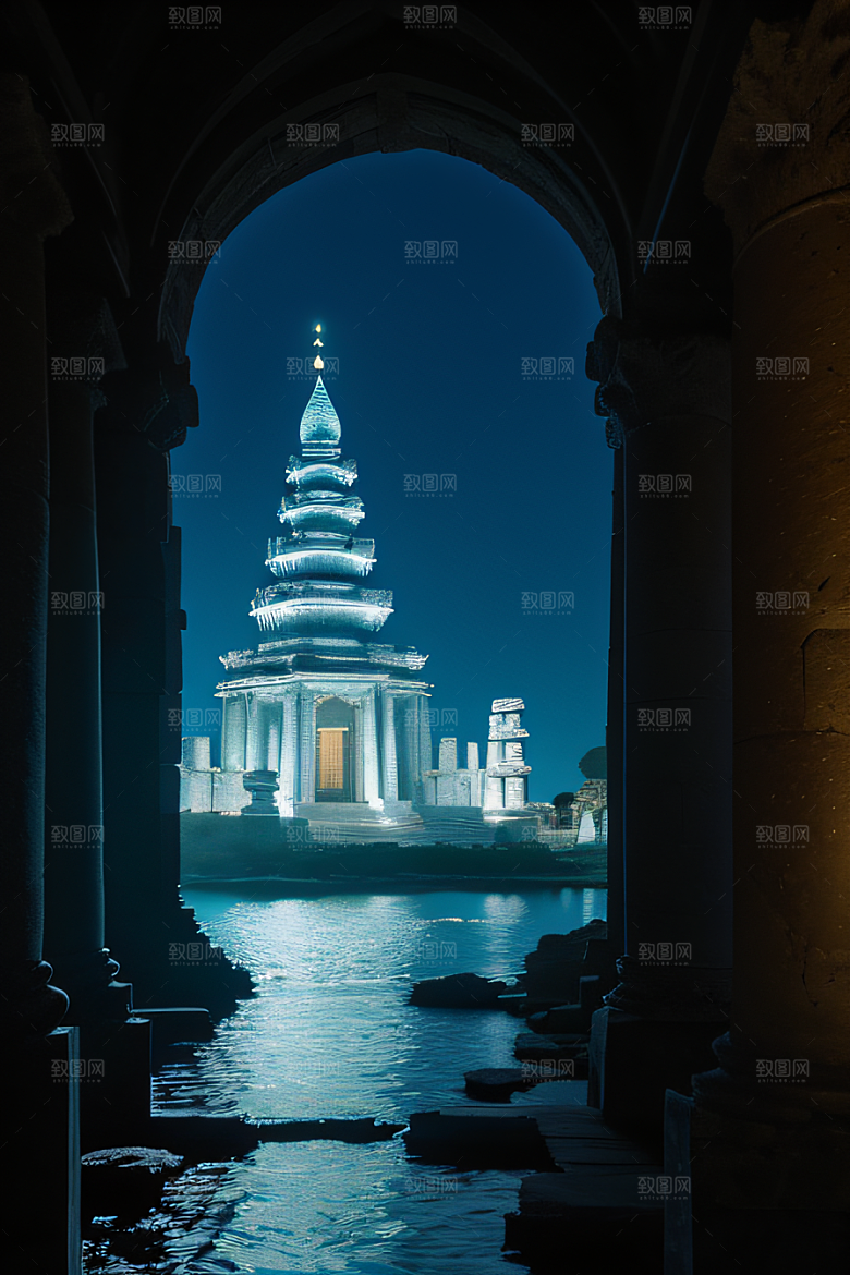 古老神庙月夜下的神秘亚特兰蒂斯遗址