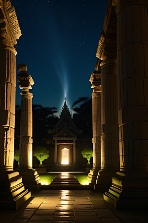 古老神庙月夜下的神秘亚特兰蒂斯遗址