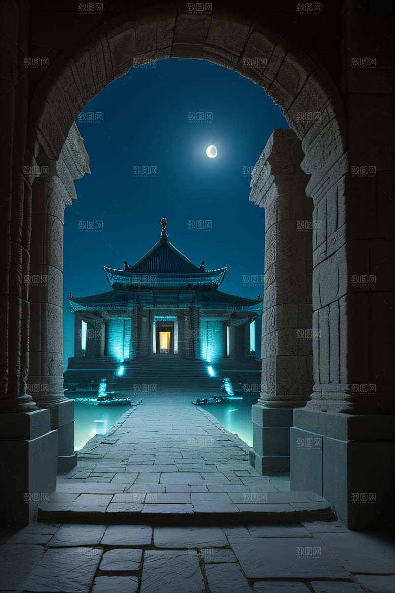 神秘废墟月夜下的亚特兰蒂斯神庙之旅
