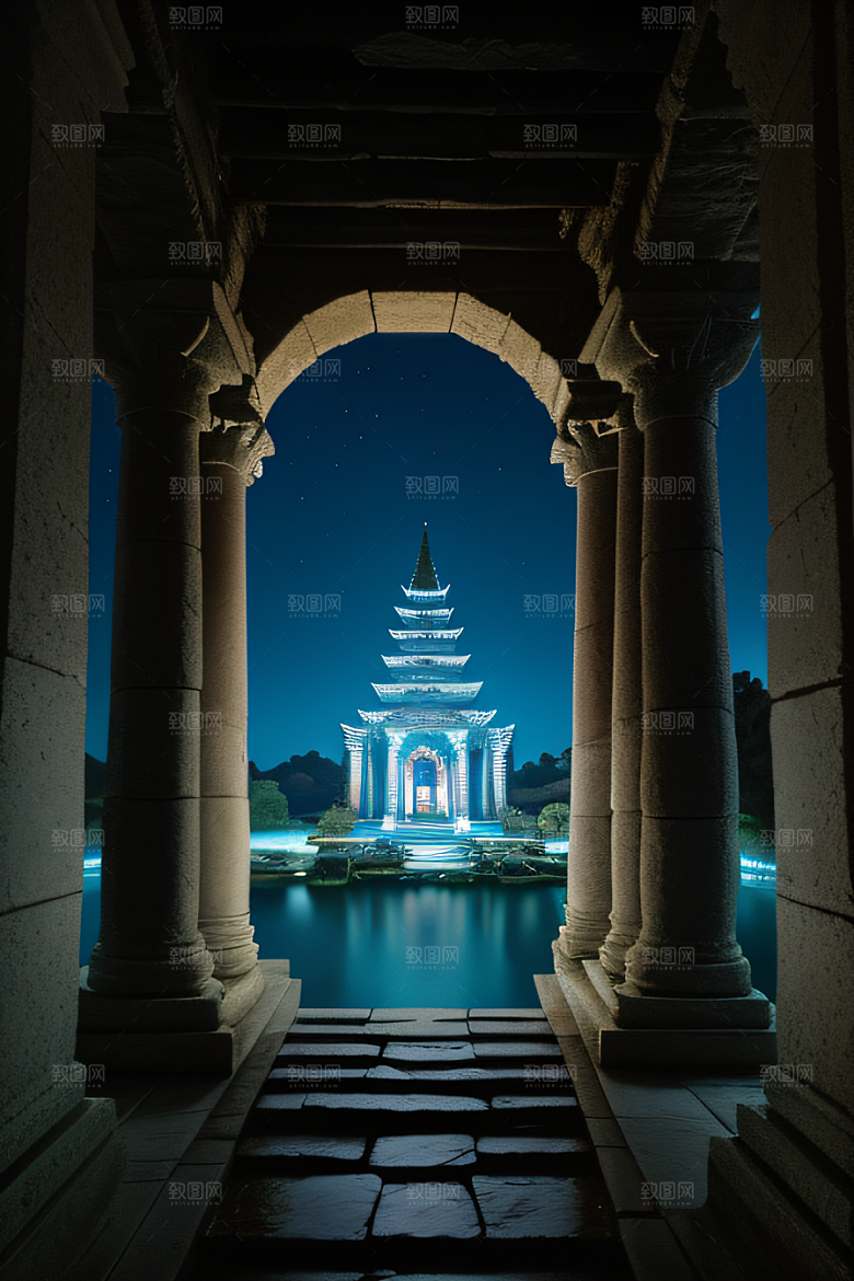 神秘废墟月夜下的亚特兰蒂斯神庙之旅