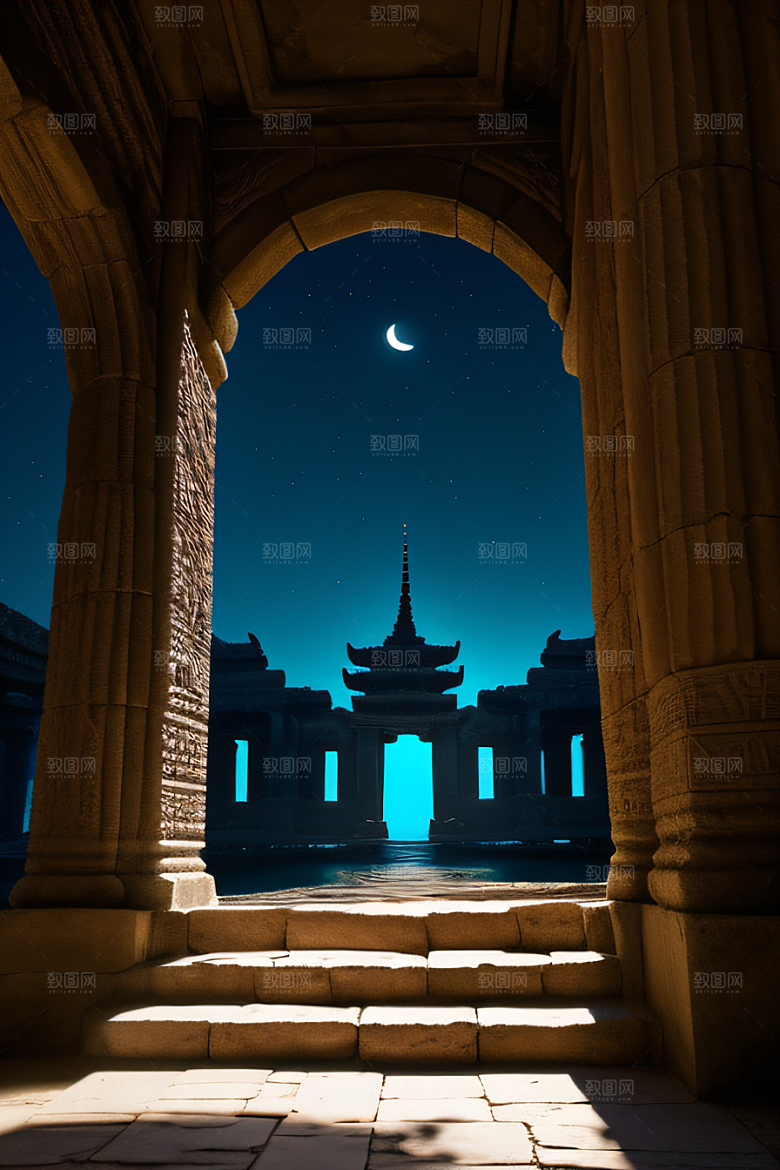 古老遗迹月夜下的神秘亚特兰蒂斯神庙