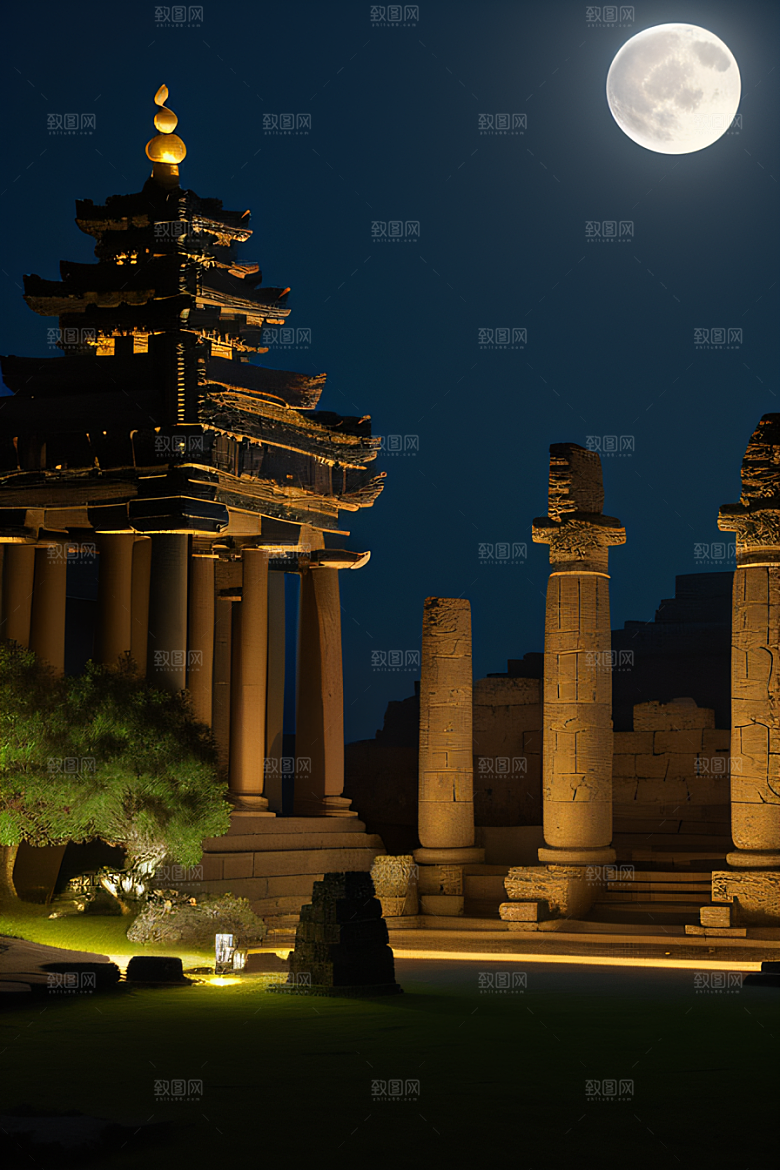 古老遗迹月夜下的神秘亚特兰蒂斯神庙