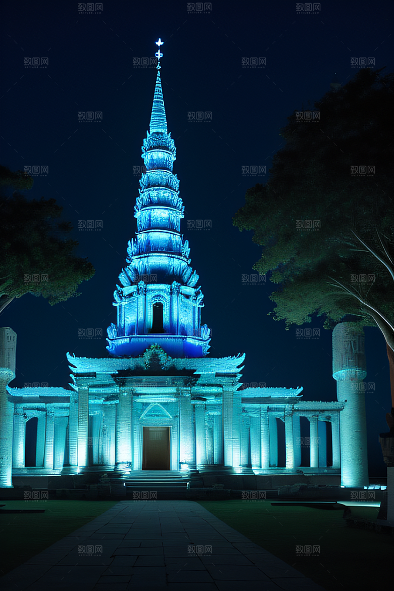 古老遗迹月夜下的神秘亚特兰蒂斯神庙
