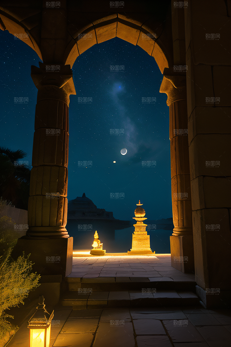 古老废墟月夜下的神秘亚特兰蒂斯神庙