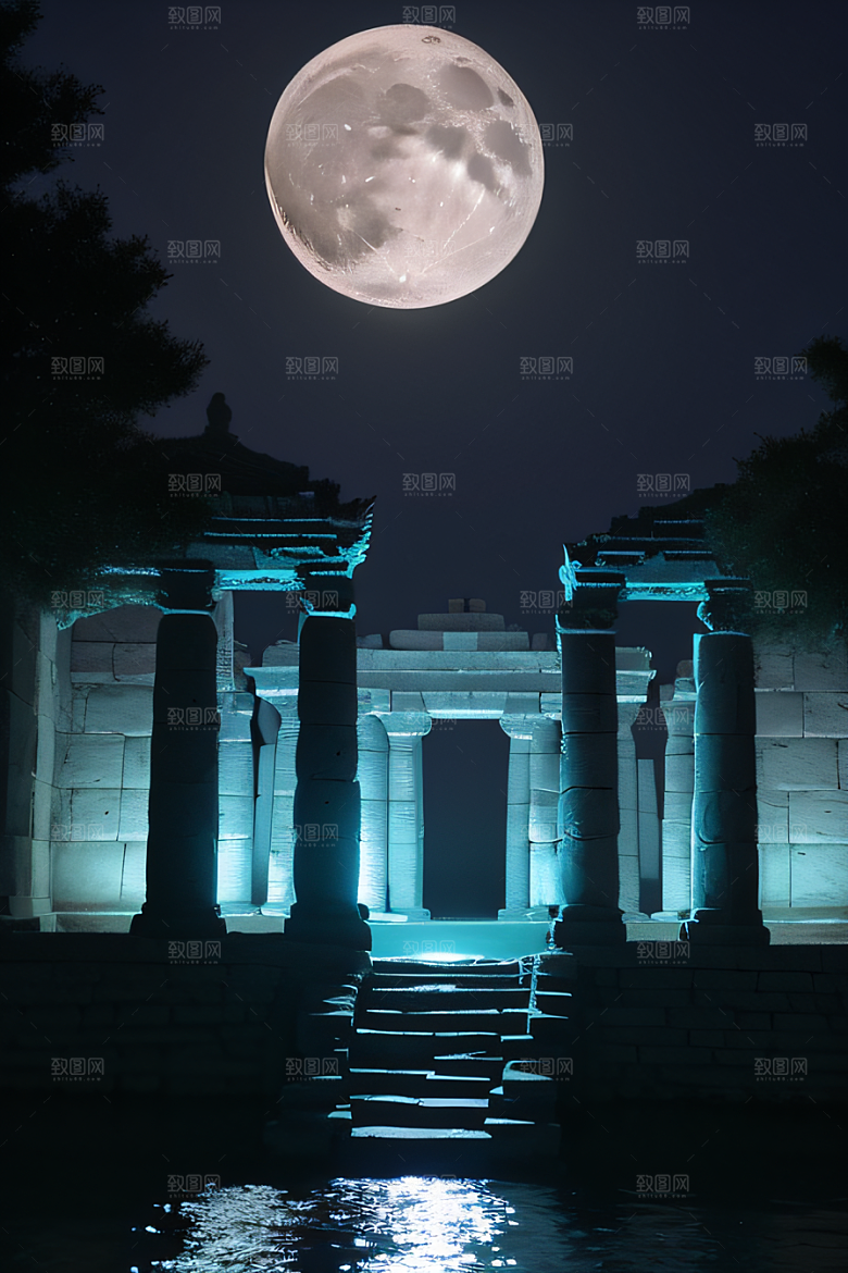 古老废墟月夜下的神秘亚特兰蒂斯神庙
