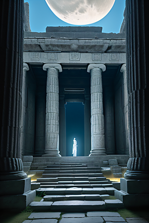 神秘古城月夜下的亚特兰蒂斯神庙