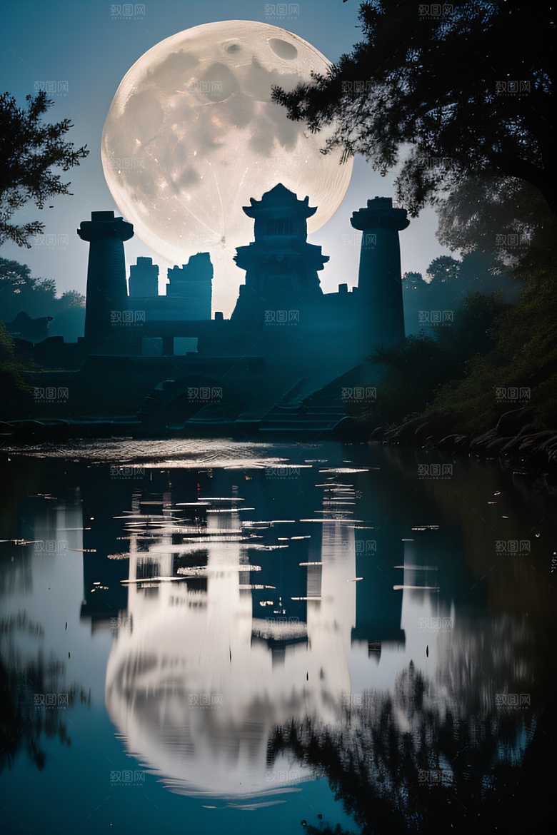 神秘古城月夜下的亚特兰蒂斯神庙