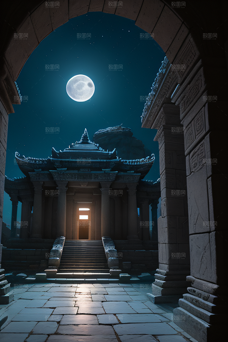 古老文明月夜下的神秘亚特兰蒂斯遗迹