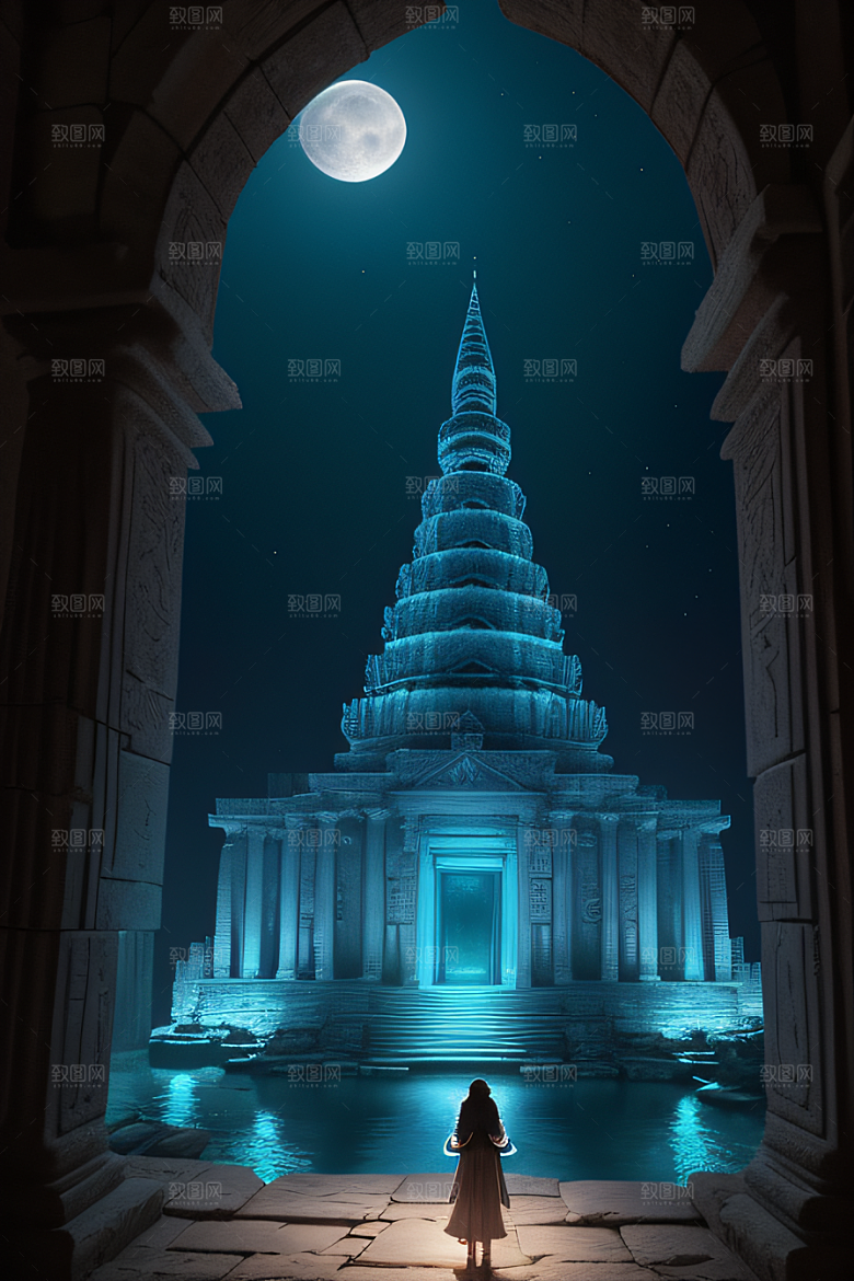 古老文明月夜下的神秘亚特兰蒂斯遗迹