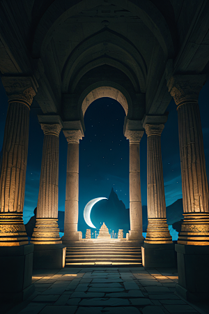 古老文明月夜下的神秘亚特兰蒂斯遗迹