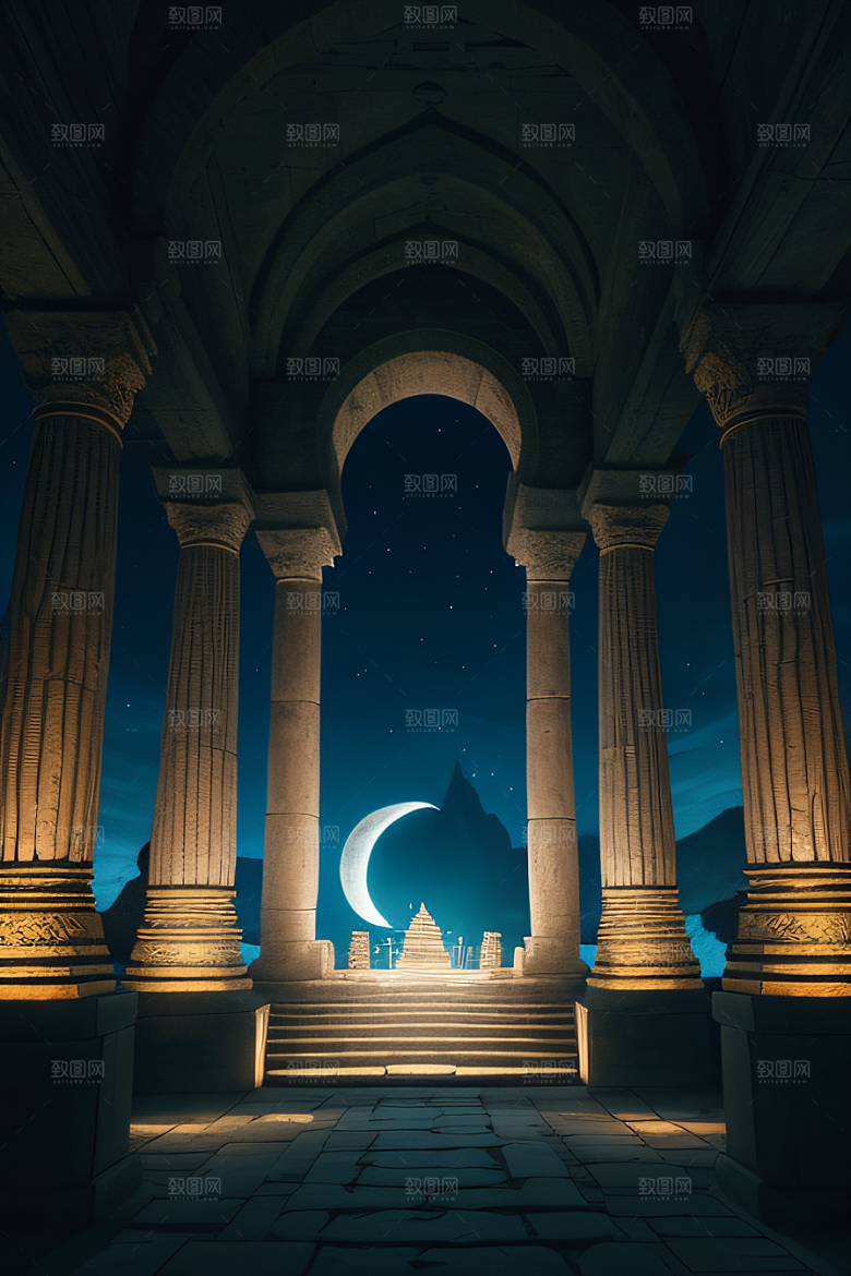 古老文明月夜下的神秘亚特兰蒂斯遗迹