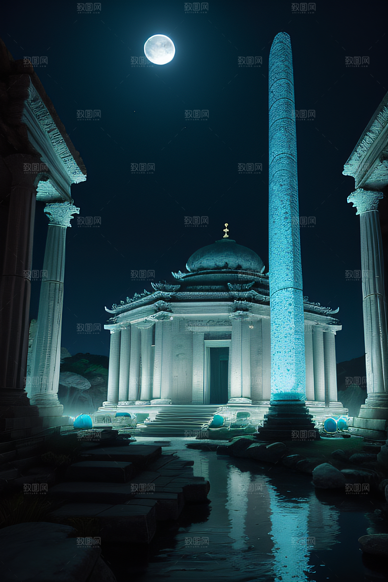 古老神庙月夜下的神秘亚特兰蒂斯遗址