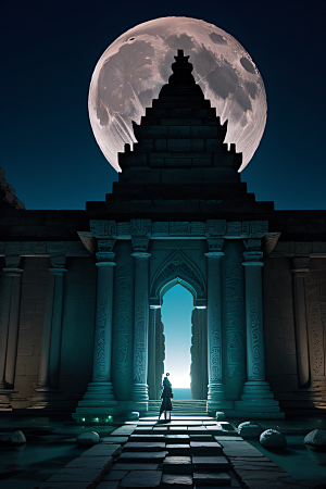 神秘废墟月夜下的亚特兰蒂斯神庙之旅