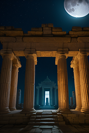 神秘废墟月夜下的亚特兰蒂斯神庙之旅