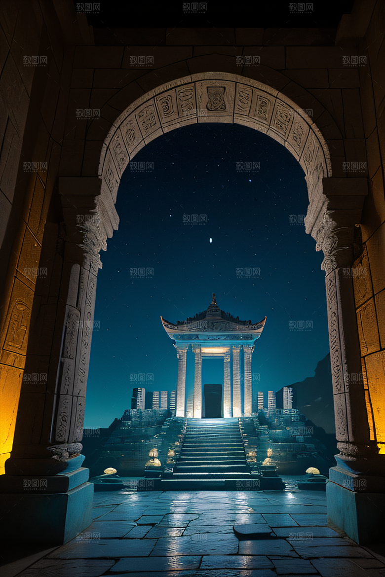 神秘废墟月夜下的亚特兰蒂斯神庙之旅