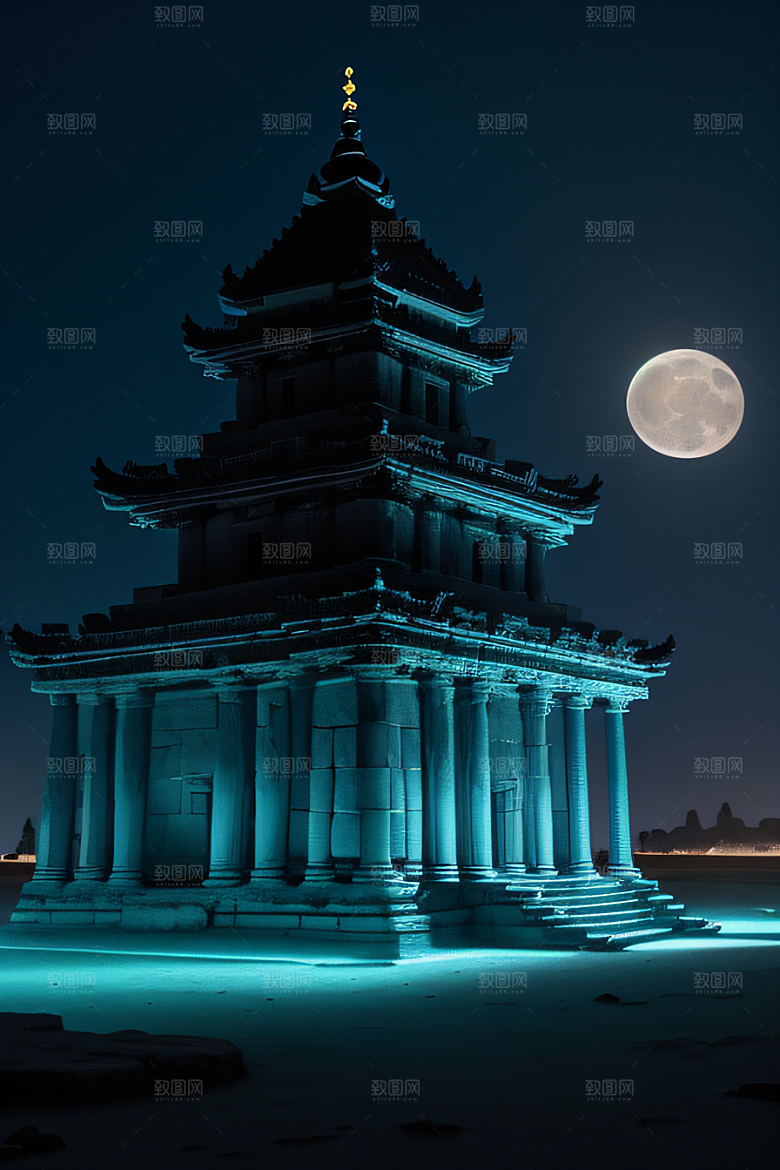神秘废墟月夜下的亚特兰蒂斯神庙之旅