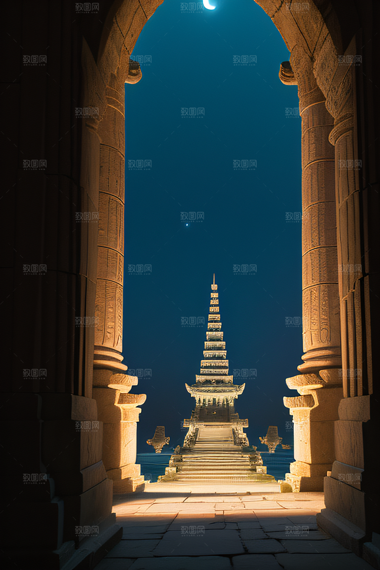 古老遗迹月夜下的神秘亚特兰蒂斯神庙