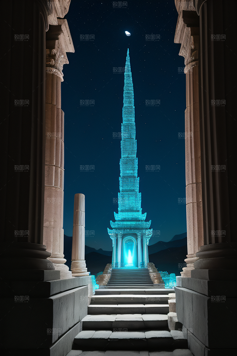 古老遗迹月夜下的神秘亚特兰蒂斯神庙