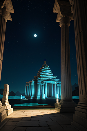 古老废墟月夜下的神秘亚特兰蒂斯神庙