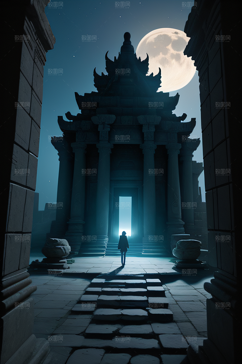 古老废墟月夜下的神秘亚特兰蒂斯神庙