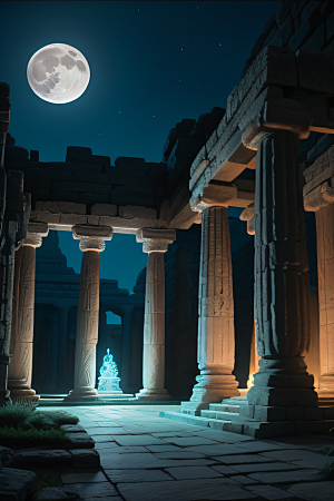 古老废墟月夜下的神秘亚特兰蒂斯神庙
