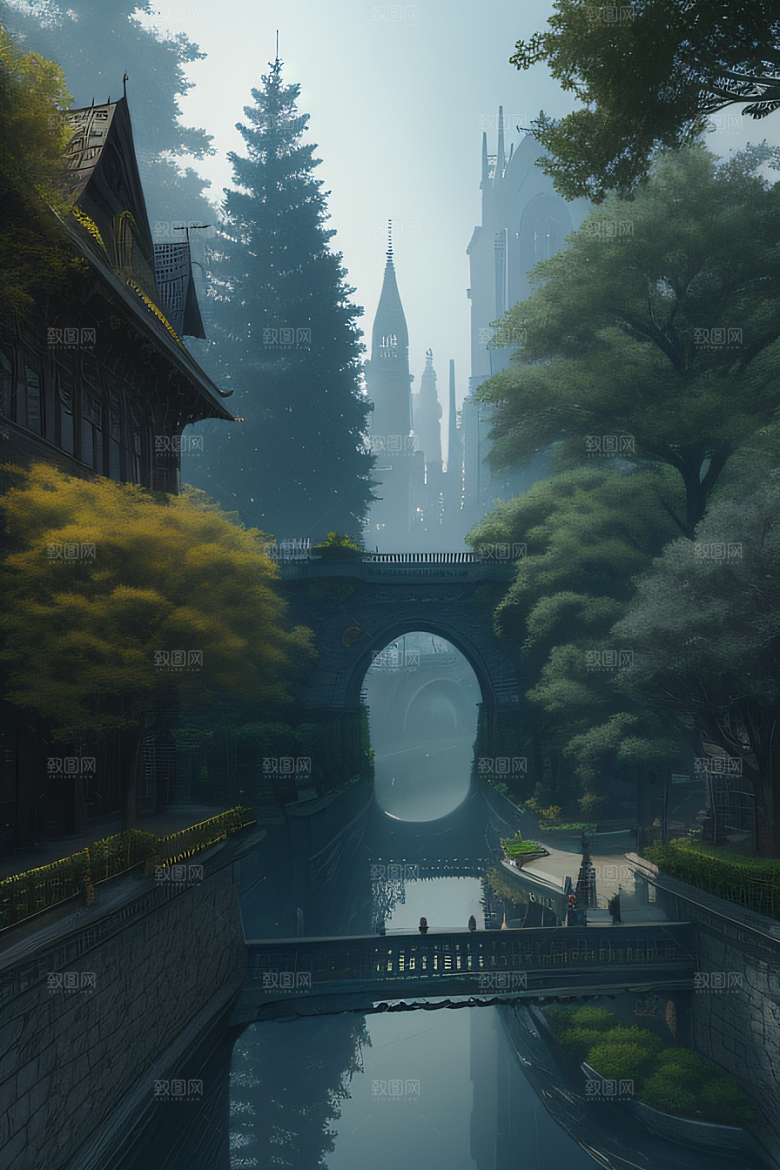 令人敬畏的美丽树中神秘城市的逼真表现
