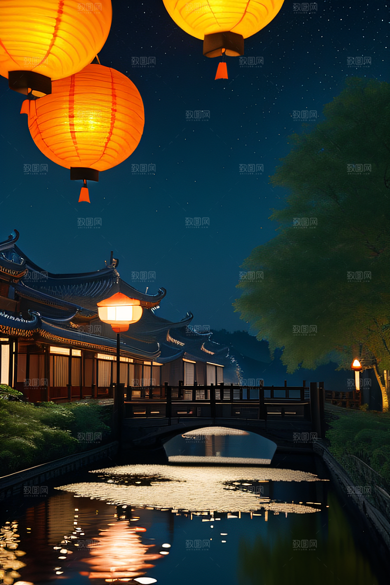 灯笼光芒温暖诱人的夜晚