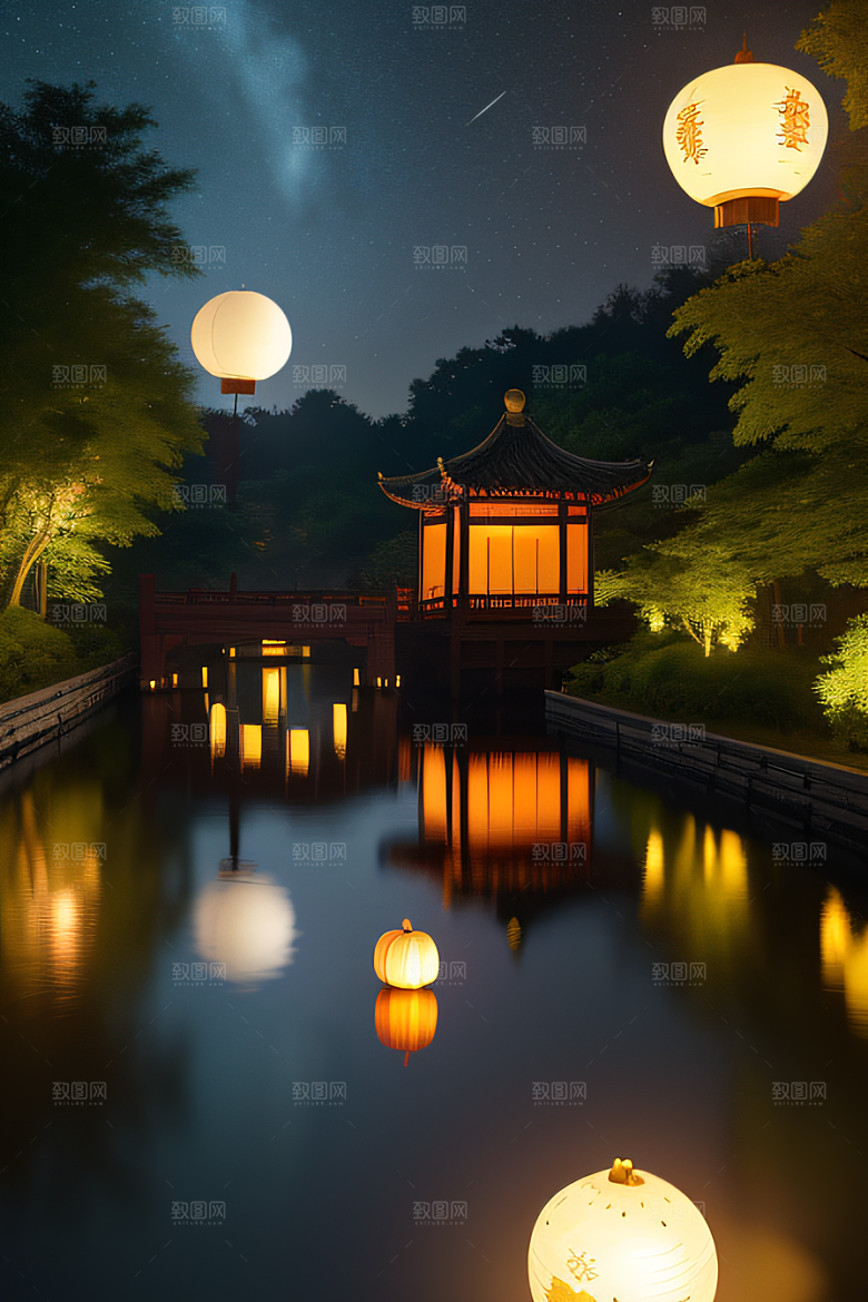 灯笼光芒温暖诱人的夜晚