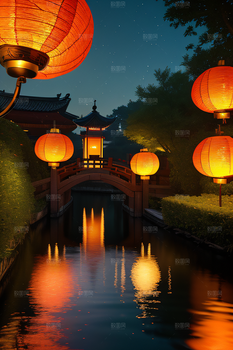 灯笼光芒温暖诱人的夜晚
