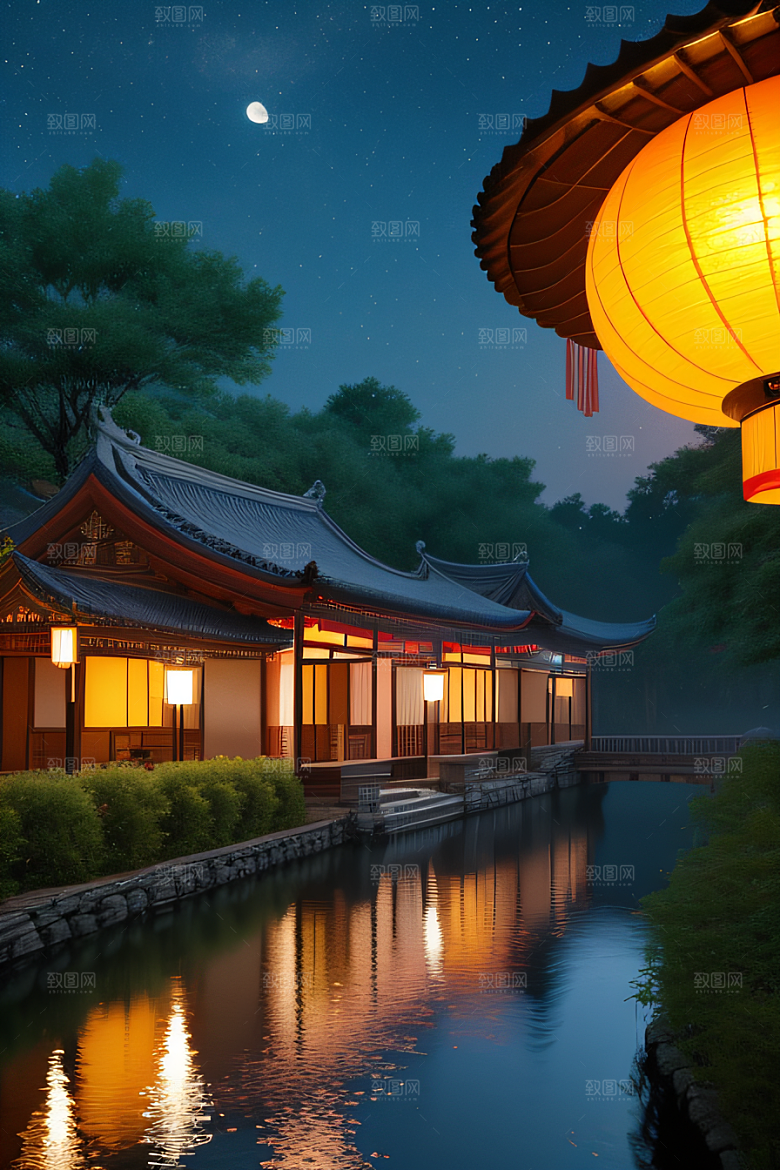 灯笼光芒温暖诱人的夜晚