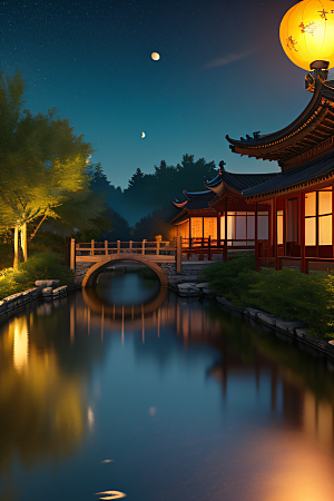灯笼光芒温暖诱人的夜晚