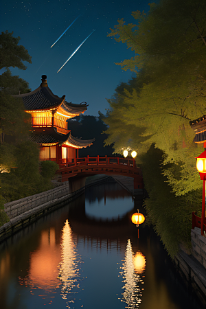 灯笼光芒温暖诱人的夜晚