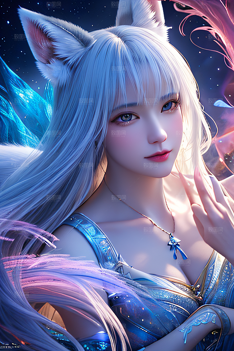 华丽之美白色九尾狐肖像的精美描绘