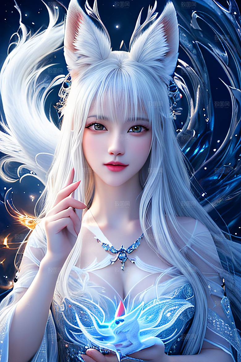 神秘存在白九尾狐的仙境之美